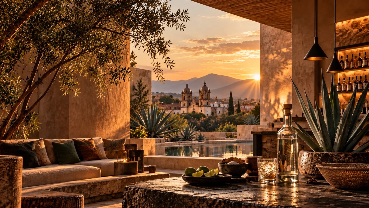 Terrasse au coucher du soleil face aux dômes de Oaxaca et aux montagnes