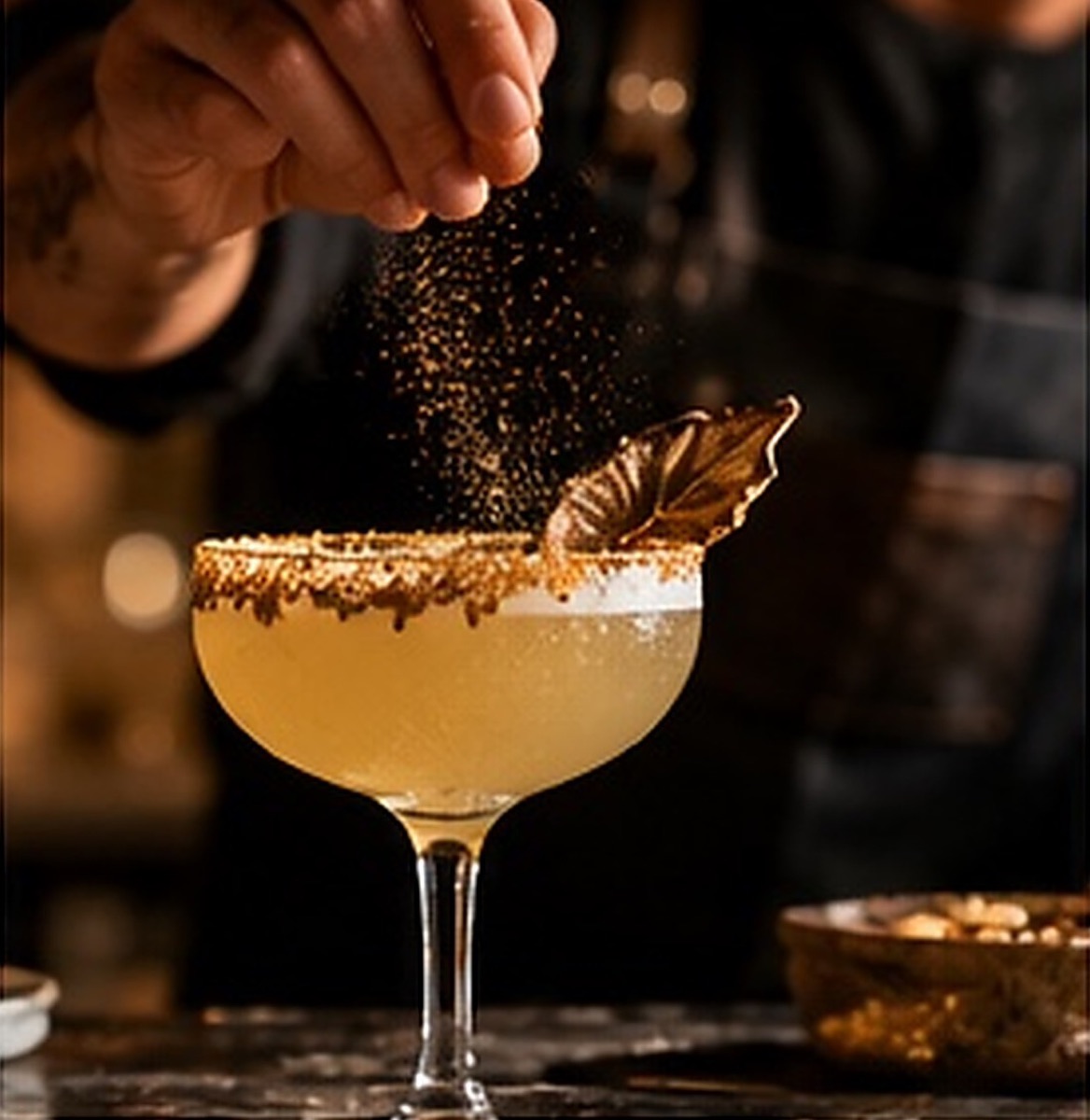 Cocktail en coupe saupoudré d’épices au moment du service