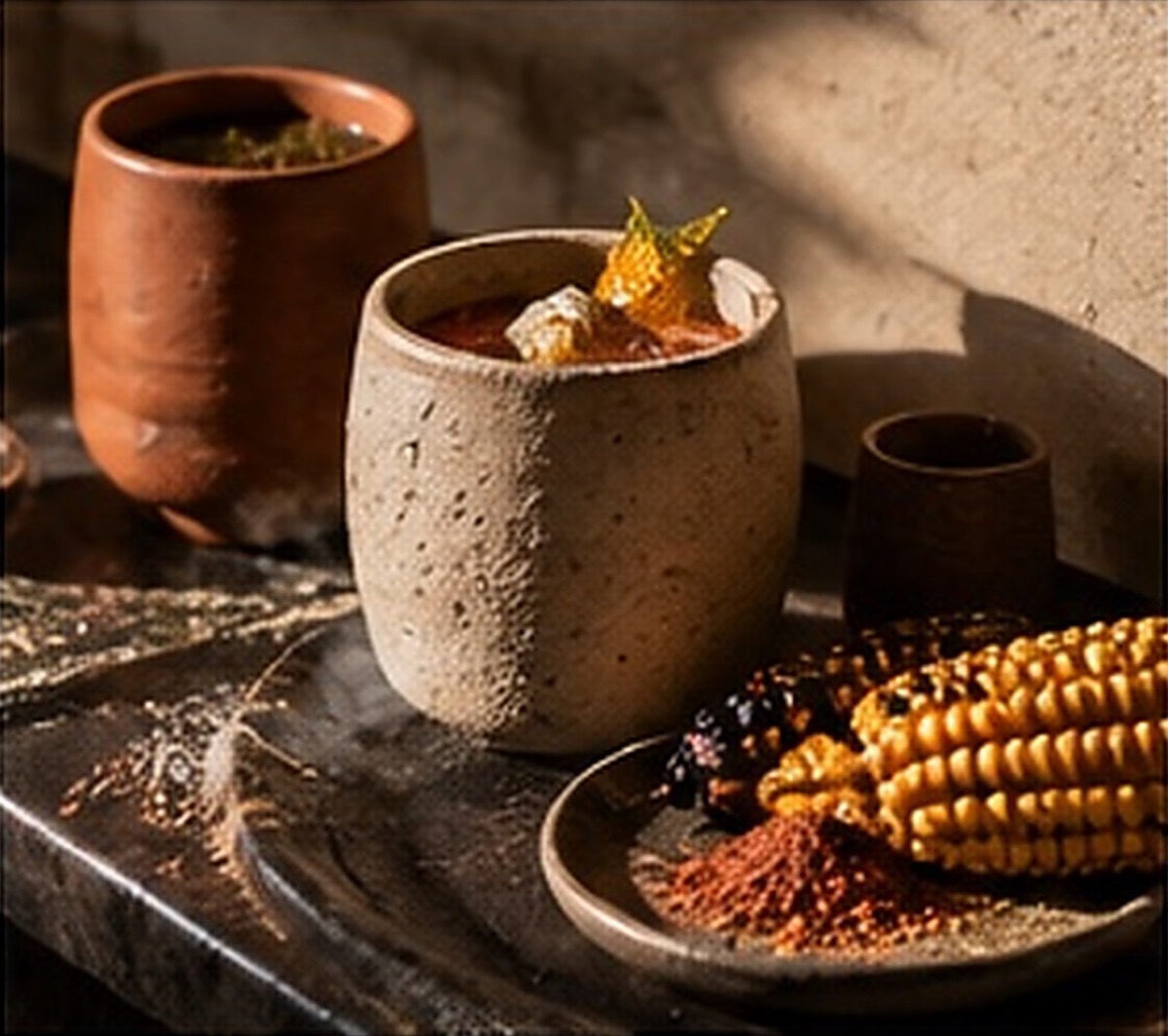 Gobelet en terre cuite et boisson au cacao, épis de maïs