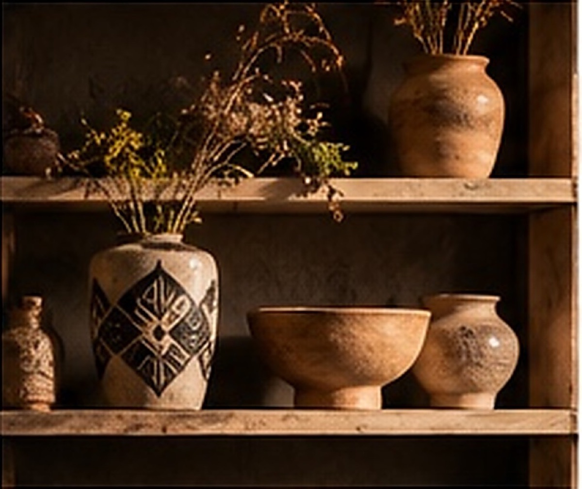 Étagère de céramiques artisanales aux motifs géométriques