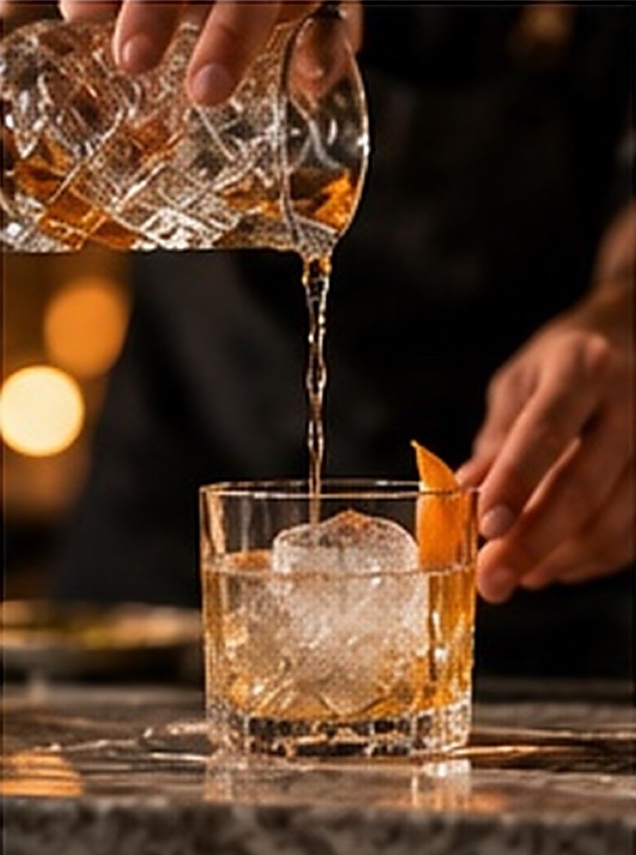 Barman versant un spiritueux ambré sur un gros glaçon