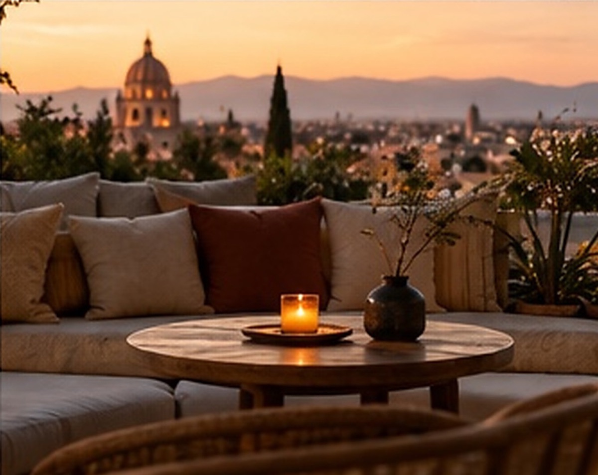 Rooftop au coucher du soleil, salon et bougie